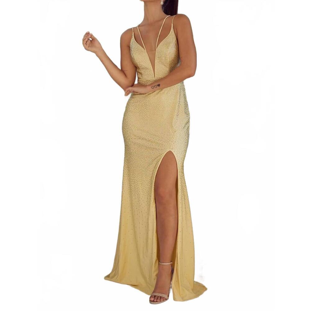 NEW NOX ANABEL sexy long high slit prom dress in lemon